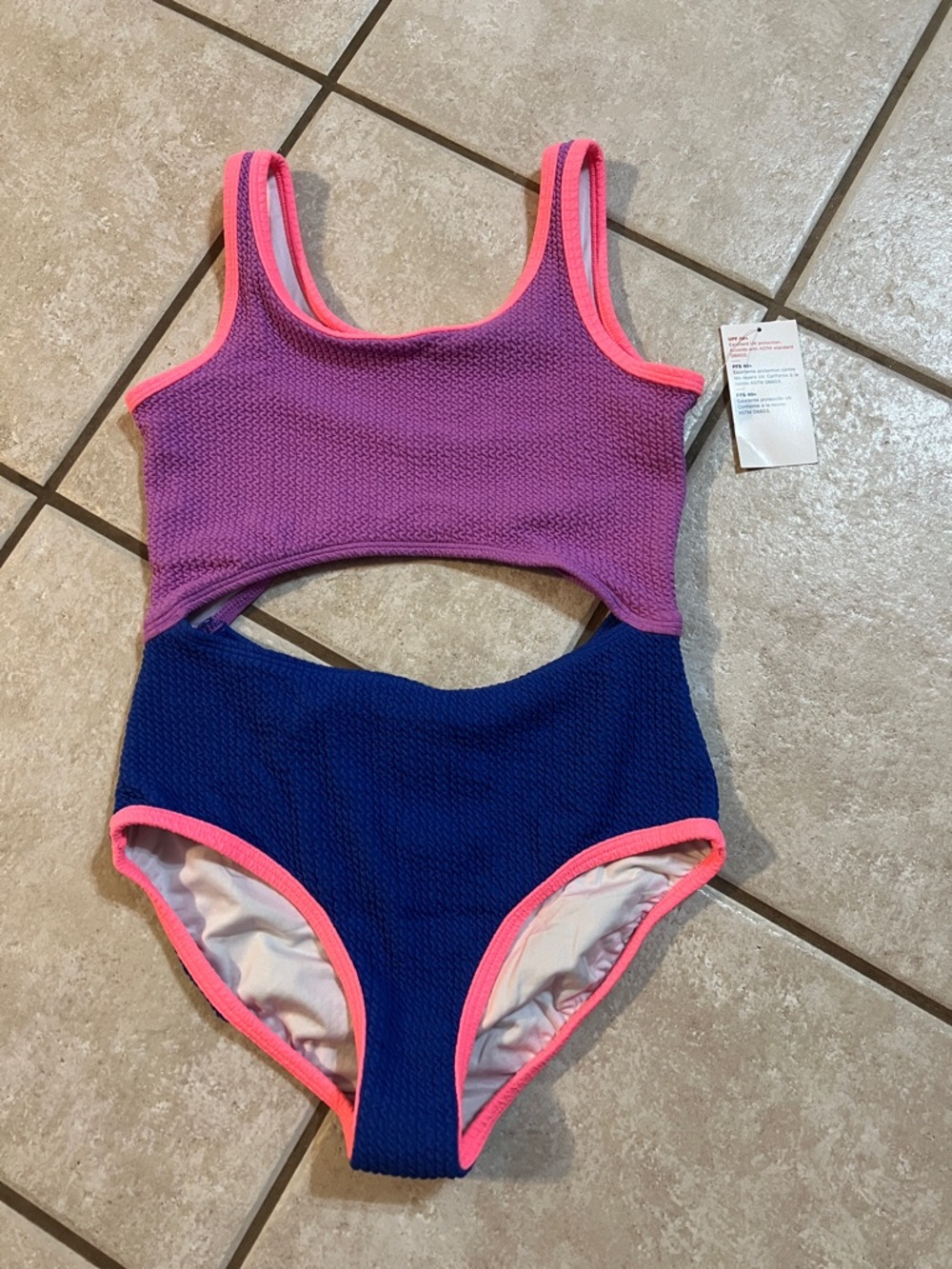 Old Navy Purple and blue One-Piece Girls Swimsuit with Neon Pink Trim